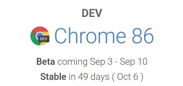 Screenshot of Chrome 86 release schedule