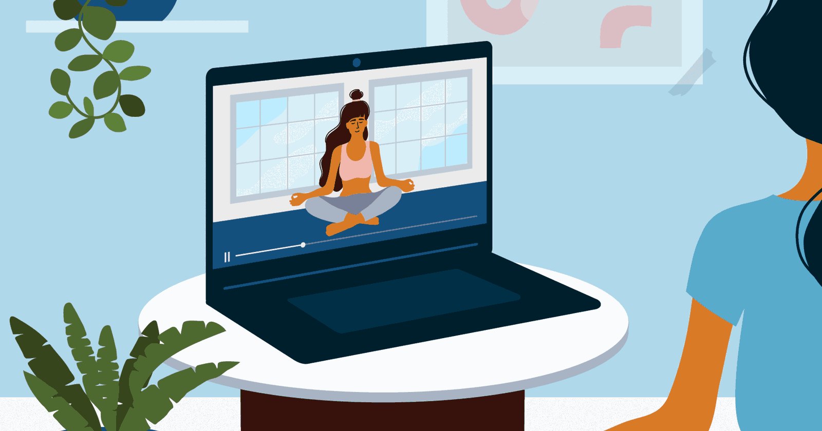 Image of an online yoga class on a laptop