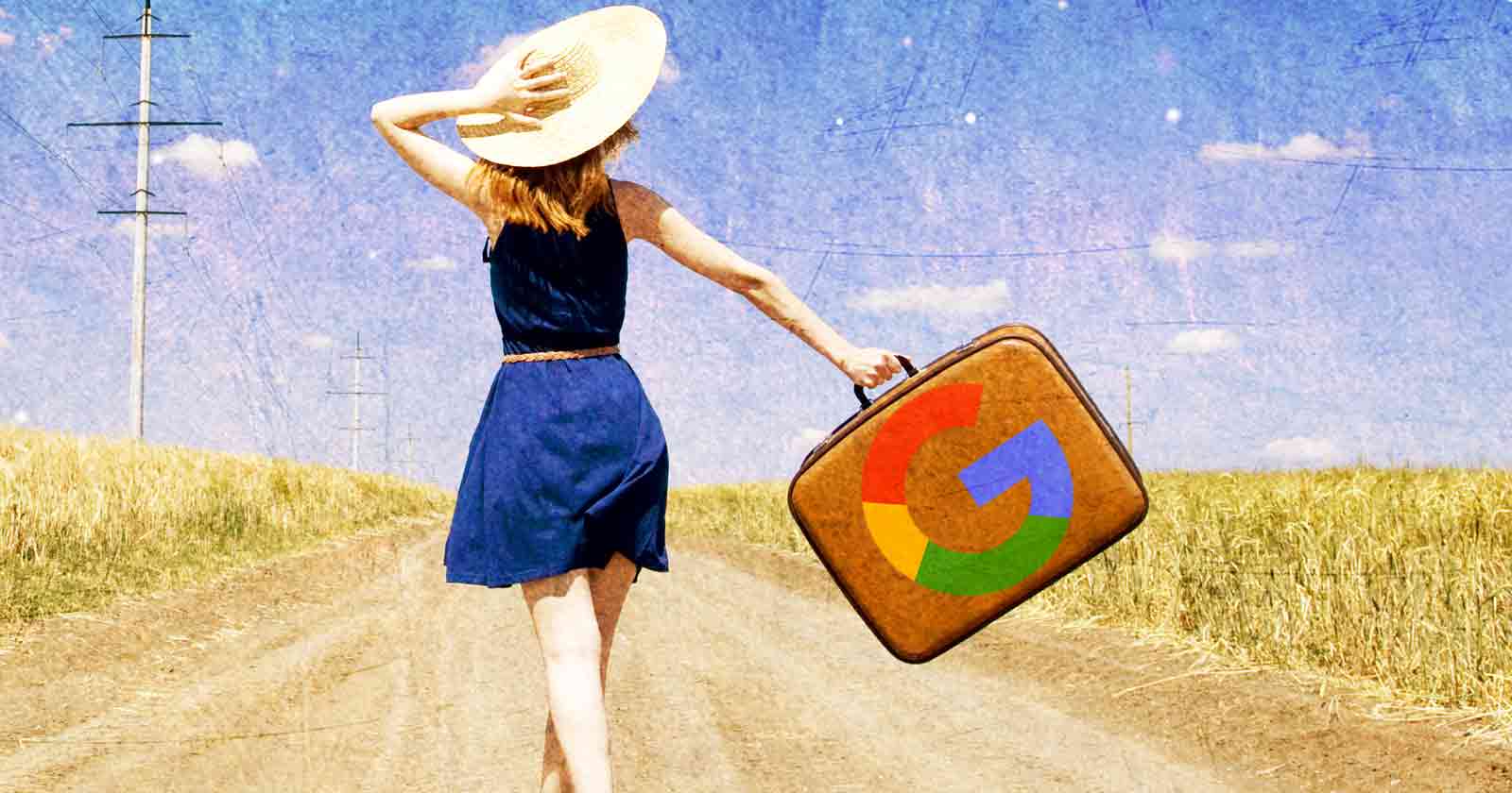 image of a woman on a road with a suitcase that has the Google logo on it