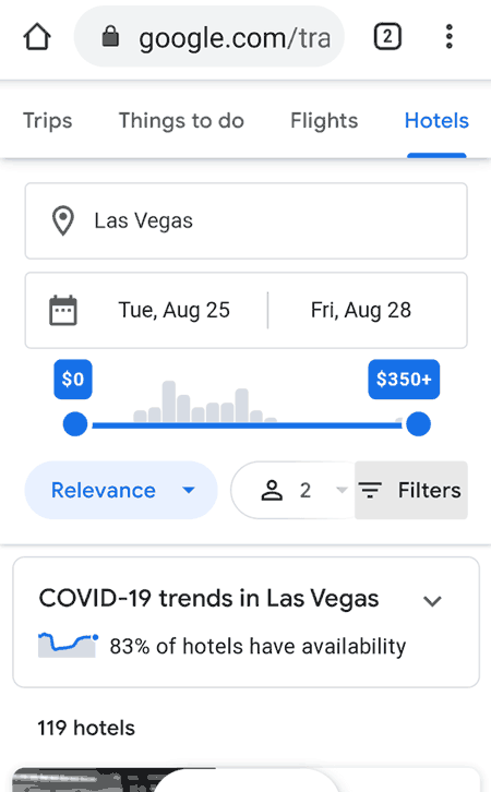 Screenshot of Google Travel page for hotel availability