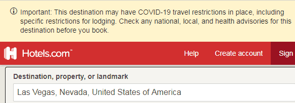 Screenshot of hotels.com warning about covid-10