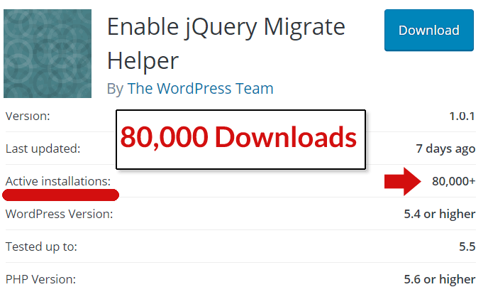 Screenshot of WordPress jQuery migrate plugin page showing 80,000 downloads