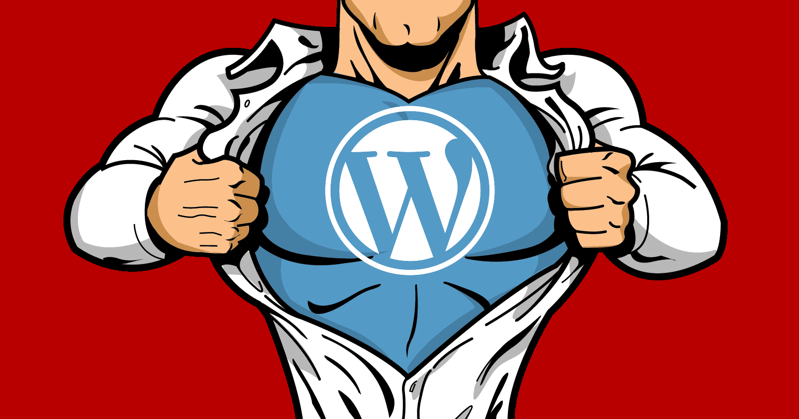 Image of a superhero opening his shirt to reveal a blue suit with the WordPress logo