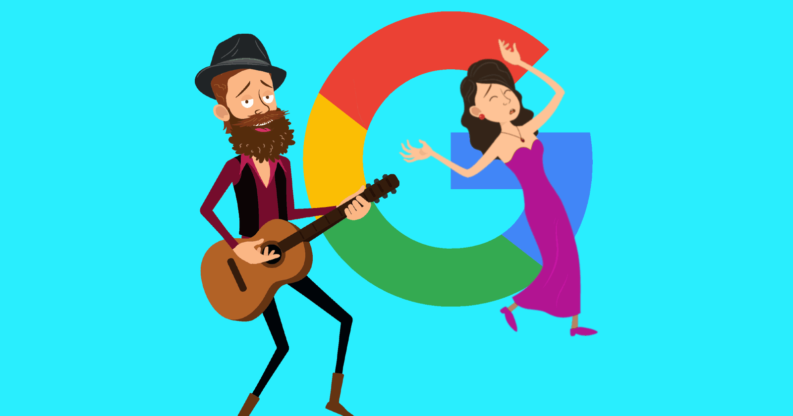 Google logo behind a busker, symbolic of a web publisher, singing to a woman representing Google who is swooning