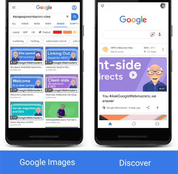 Screenshot of video rich results in Google Images and Google Discover