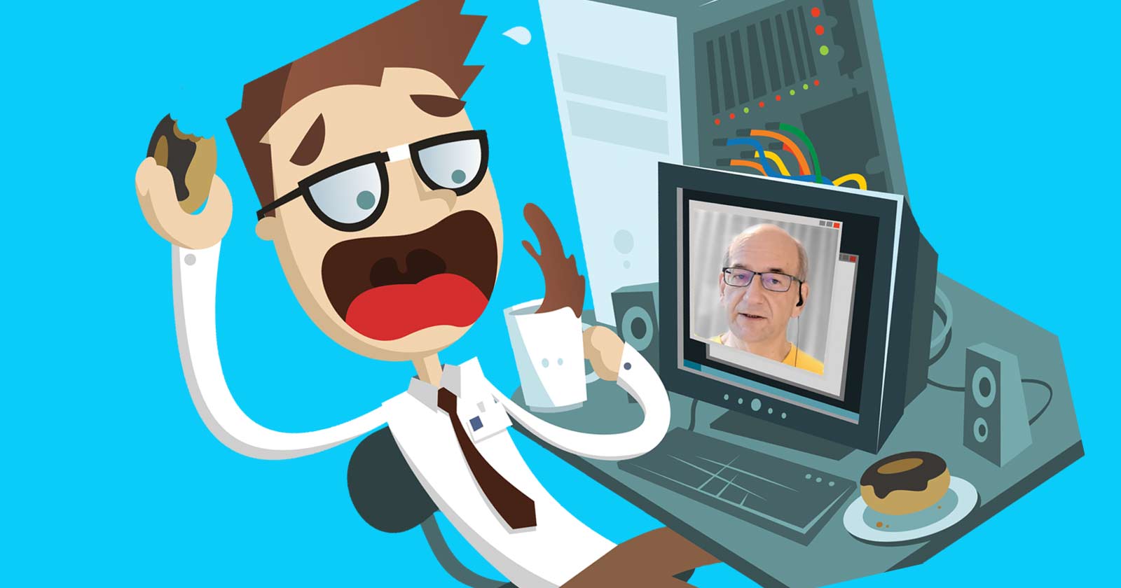 Image of a startled male office worker as Google's John Mueller appears on his computer monitor