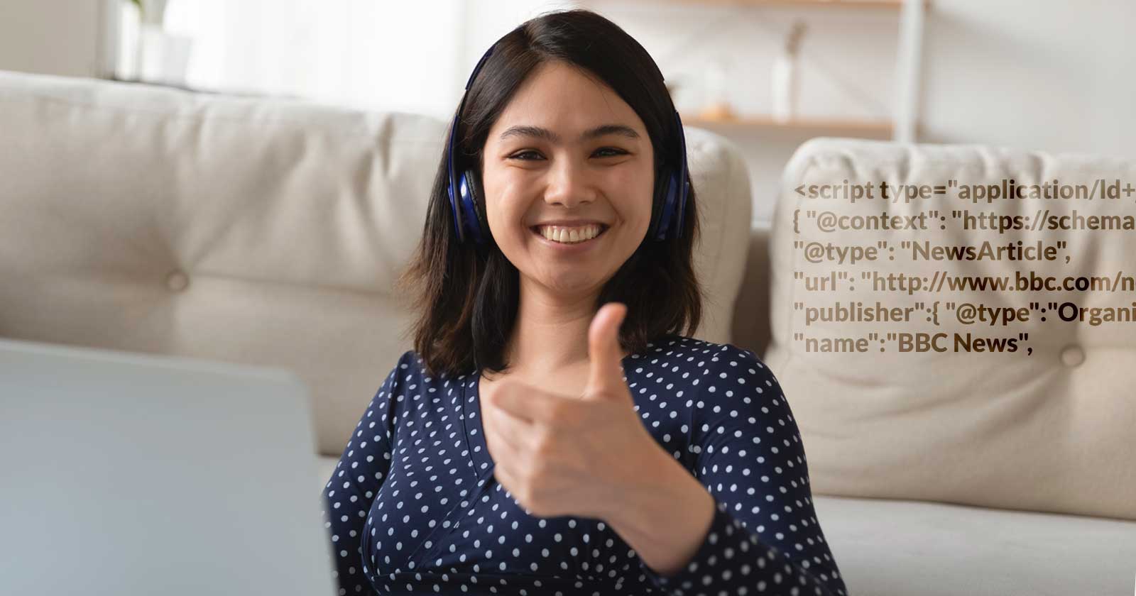 Image of a woman giving thumbs up with structured data projected behind her