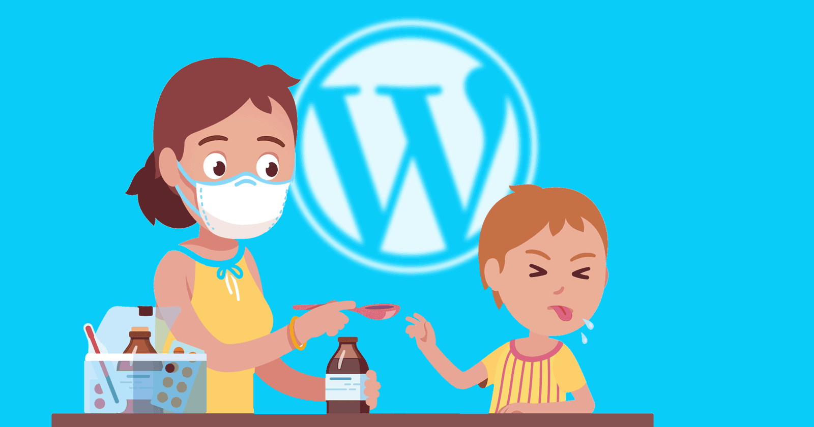 Image of a child rejecting spoon of medicine with WordPress logo in background. Symbolic of publisher wariness downloading another WordPress update.