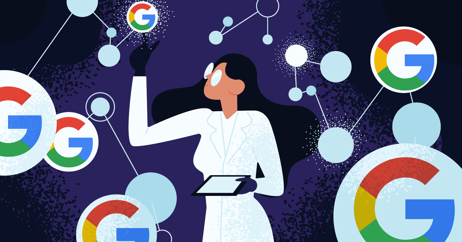 illustration of a data scientist surrounded by bubbles containing the Google G logo