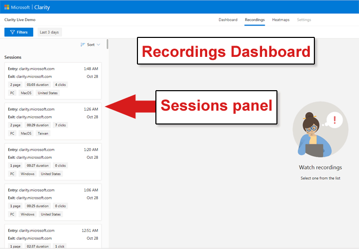 Clarity Analytics Recordings Dashboard