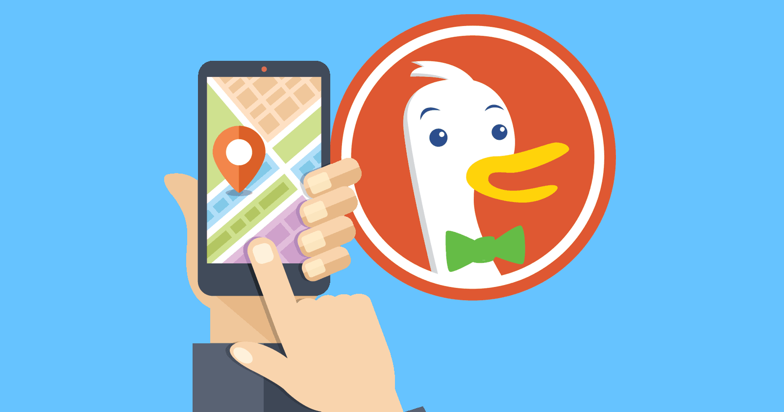 Image of a map on a mobile phone juxtaposed next to the Duck Duck Go logo