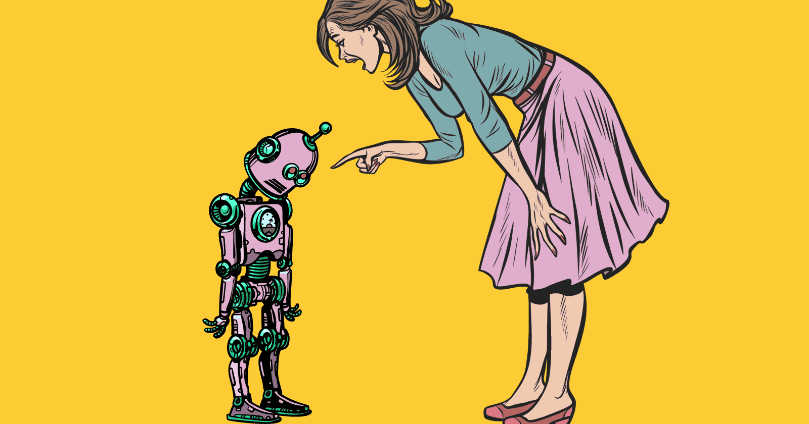 Image of a mother figure scolding a child sized robot