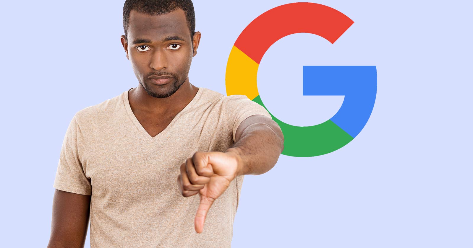 Google logo behind a young man making a thumbs down gesture