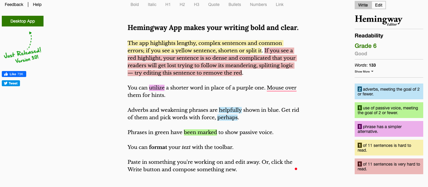 Hemingway App content editor