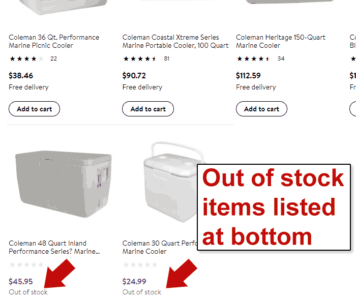 Screenshot of a product search page showing out of stock products last