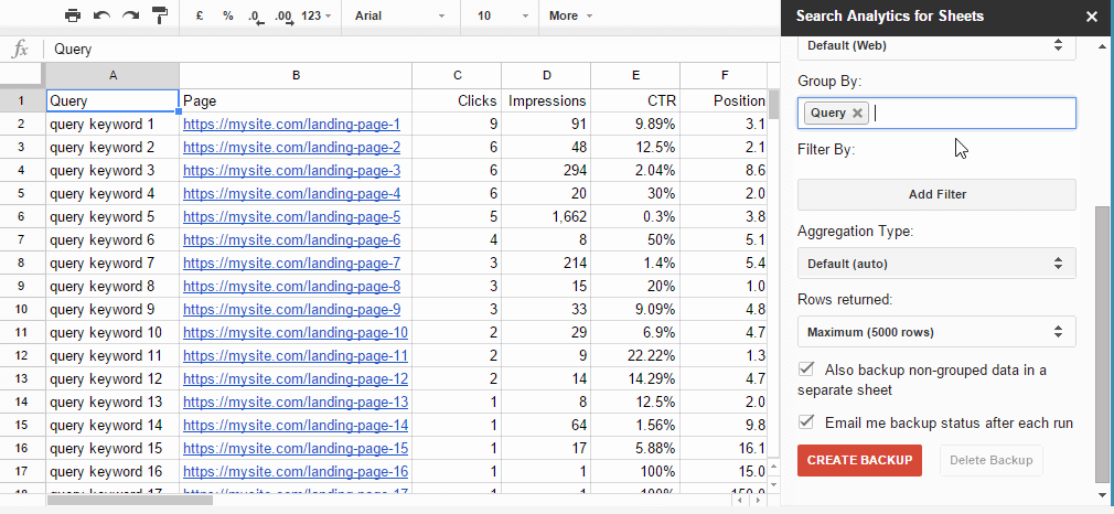 Search Analytics Add On in Google Sheets