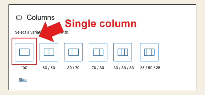 Screenshot of editing section with the new one-column choice