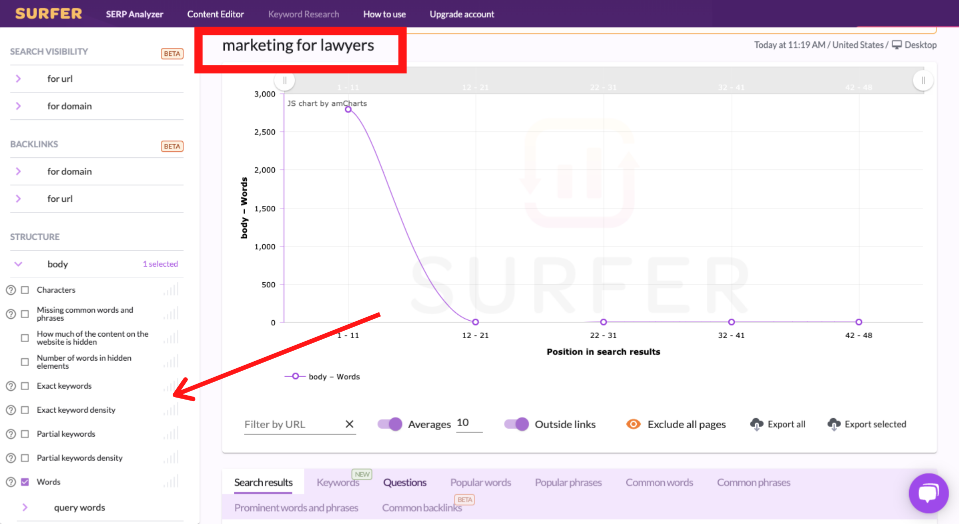 Surfer SEO dashboard