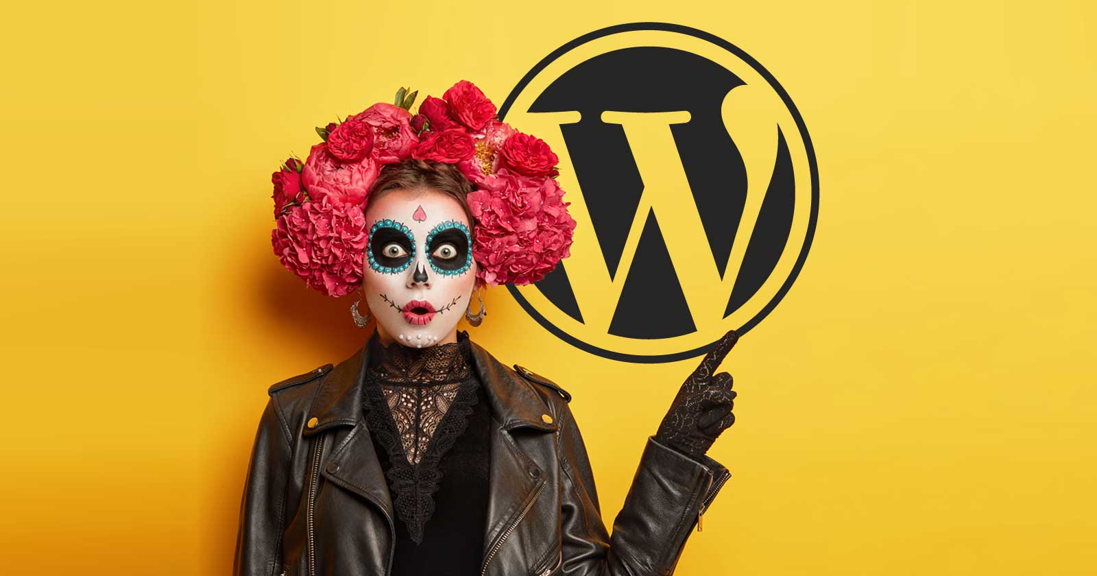 Image of a scary face painted woman pointing to a WordPress logo