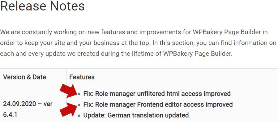 Screenshot of WP Bakery Page Builder changelog