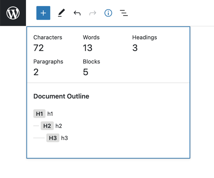Screenshot of info panel that may be changed in a future iteration of Gutenberg