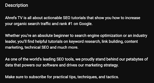 screenshot of ahrefs youtube channel description