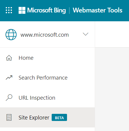 Site Explorer - Bing Webmaster Tools menu