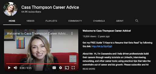 screenshot of cass thompson's youtube channel