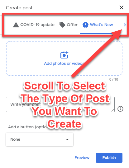 Scroll to select the GMB Post type