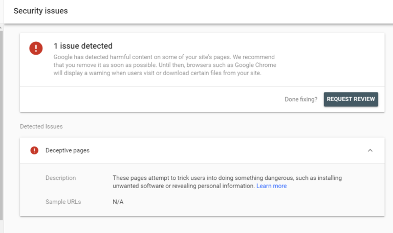 Google Search Console Security Issues report