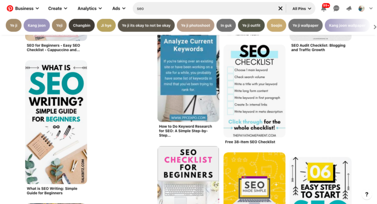 Screenshot of Pinterest search results for "SEO" with optimized Pins