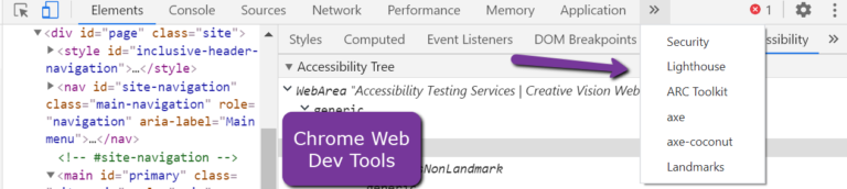 Web developer tools with accessibility settings in Chrome browser.