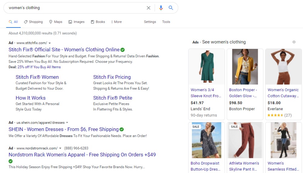 women's clothing serp ads