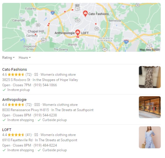 women's clothing serp local map results