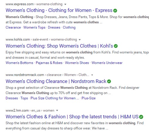 women's clothing serp organic web results