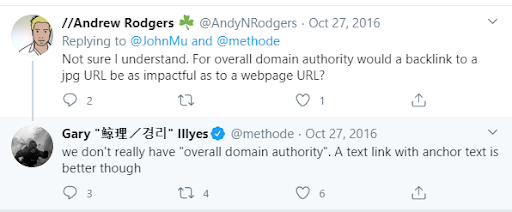 tweet confirming overall domain authority myth