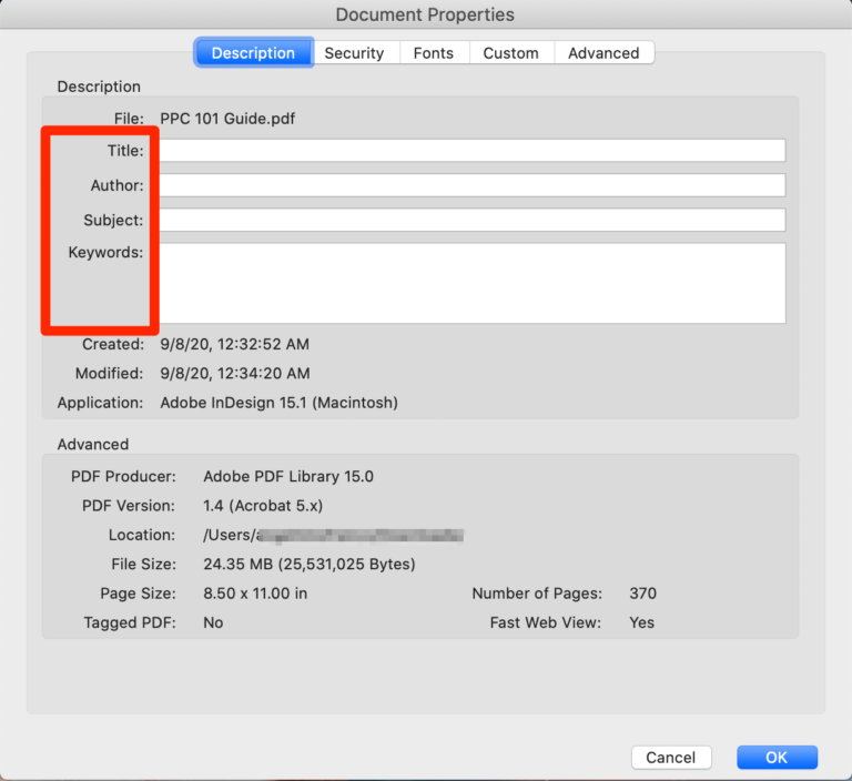 PDF properties details to provide
