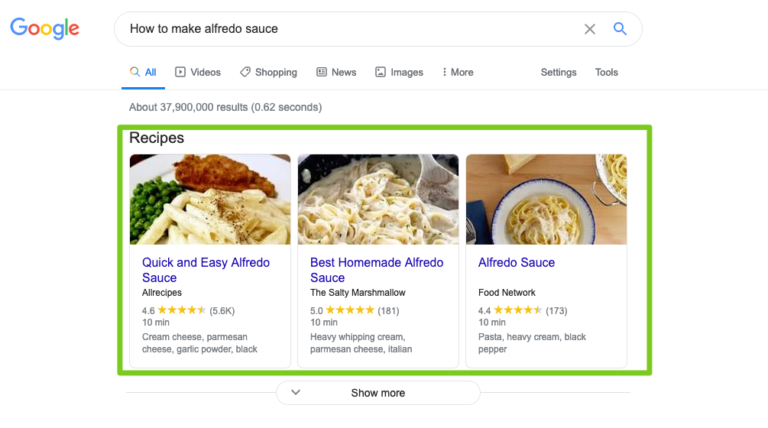 You can see these featured snippets for recipes because I asked a question in the search box.