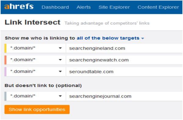 Using the Ahrefs Link Intersect tool in SEO competitor analysis.