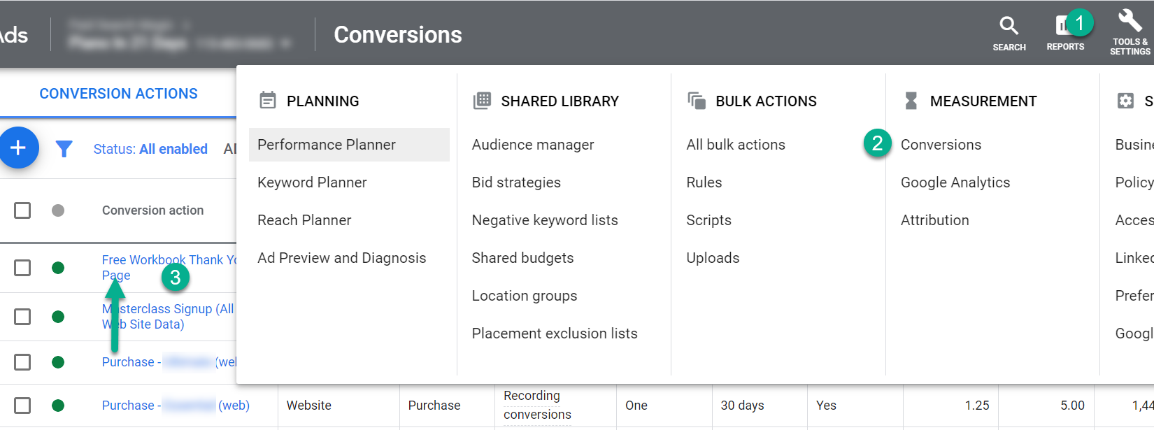 screen shot of tools and settings in Google Ads