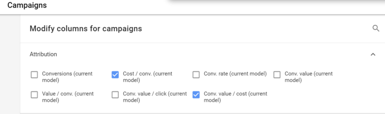 campaign columns with attribution - current model selected