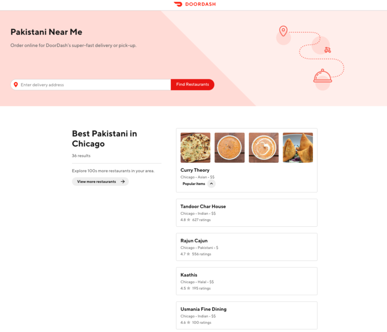 Doordash dashboard example; product pages are optimized for user intent.