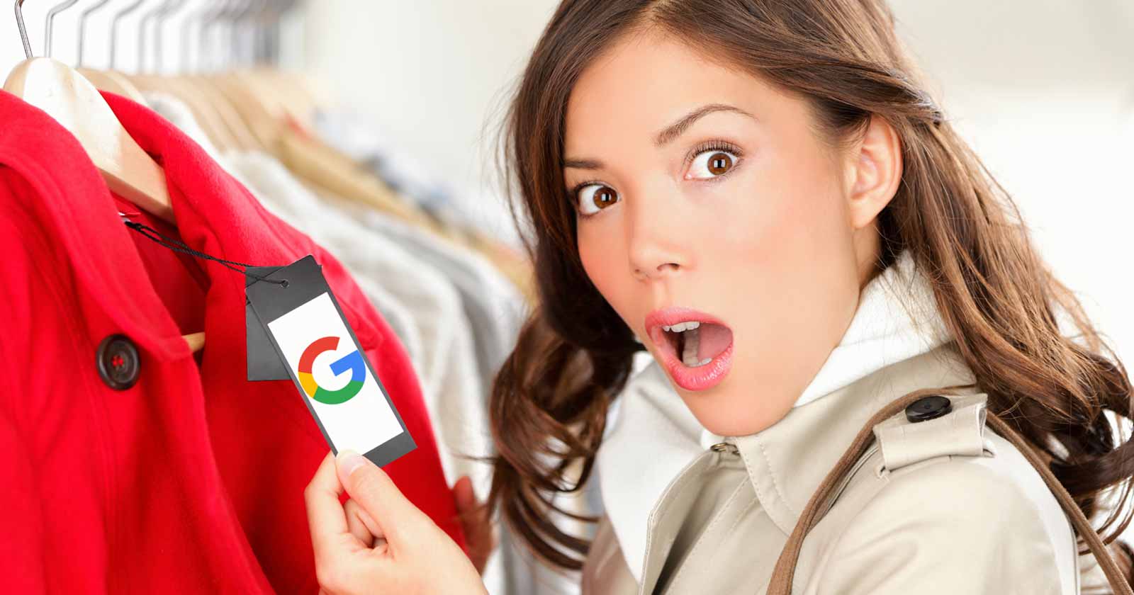 Image of a woman in shock at a price tag that has the Google logo where the price should be