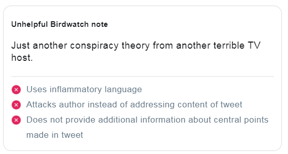 Screenshot of an example of an unhelpful Birdwatch note