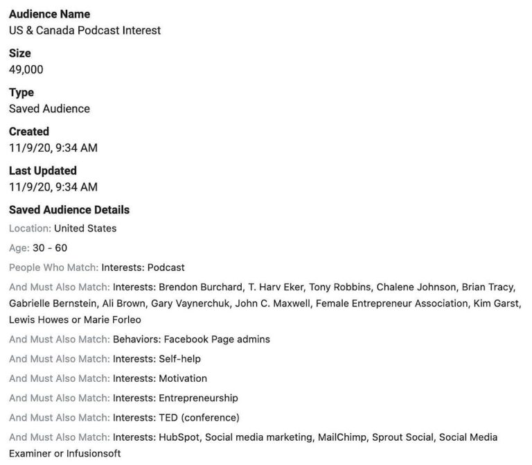 Sample interests-based Facebook ad audience.