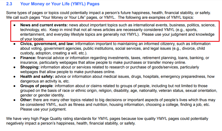 Quality Raters guidelines di Google e contenuti YMYL per notizie