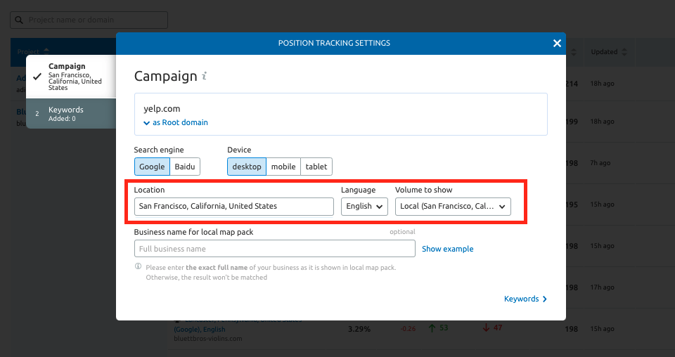 Choose a location for share of voice tracking in Semrush