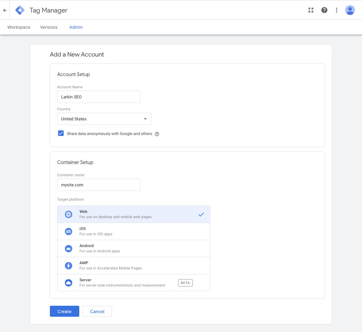 Create a GTM Account screenshot of required fields.