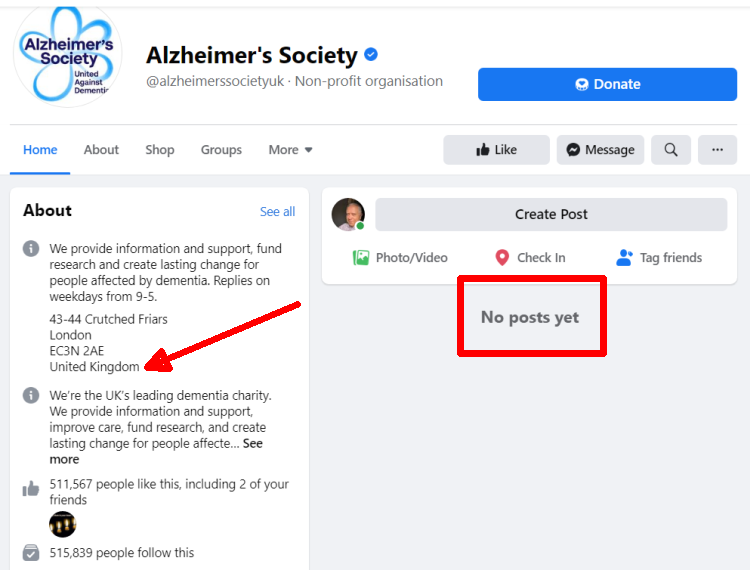 Screenshot of a UK non-profit's Facebook page with posts removed