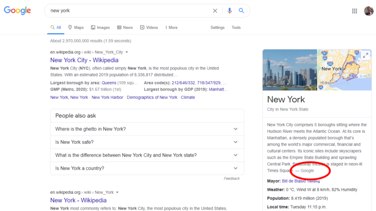 Google: New York SERP example